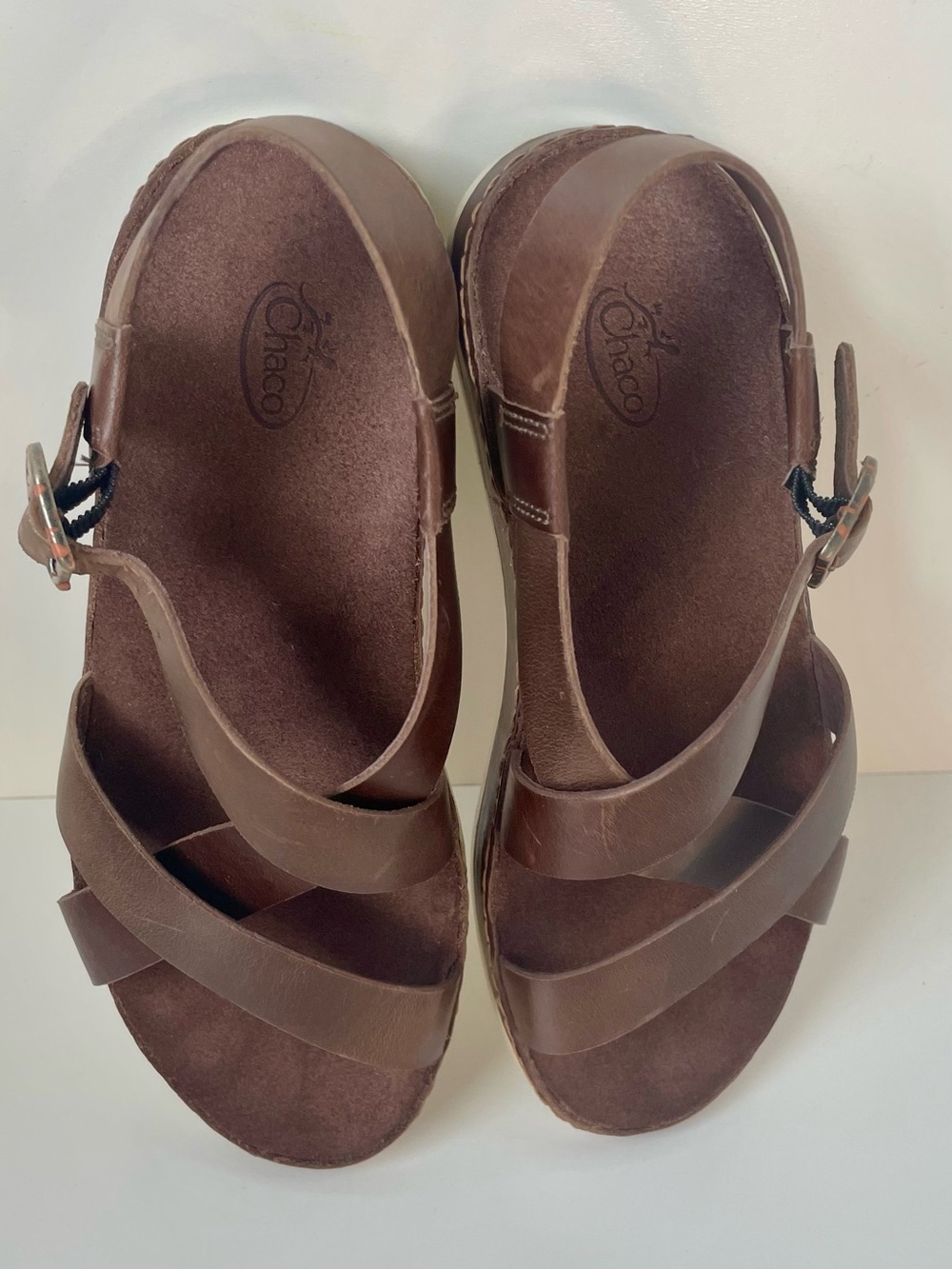 Chaco Wayfarer Otter Brown Leather Crossover Strap Sandals Women’s 7 Outdoors - Picture 5 of 16